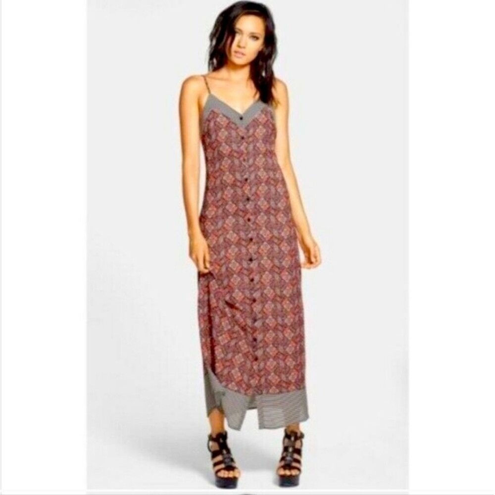 ASTR Button Front Maxi Slip Dress Stripe Geometric Boho Spaghetti Strap XS